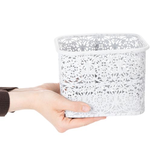 Itens Conjunto de 3 tigelas de metal com padrão de renda, recipientes decorativos quadrados, estilo shabby chic, brancas, 27/23/19 cm, altura 13,5 cm.
