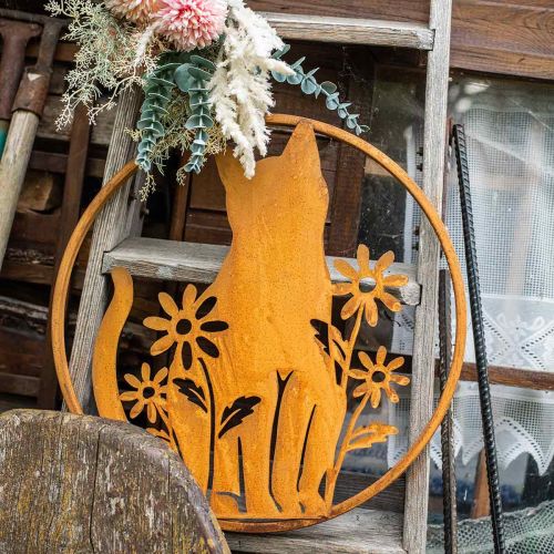 Floristik24 Letreiro metal pátina gato com flores Ø38cm