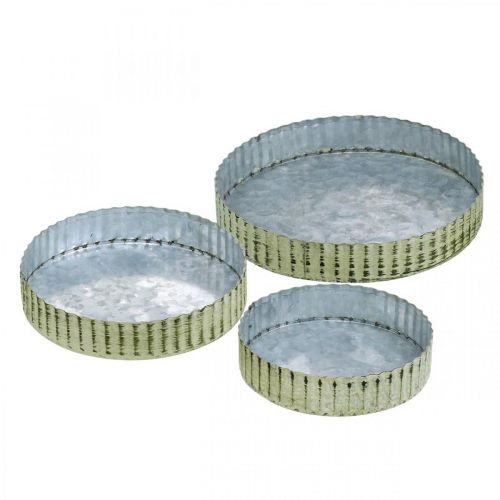 Floristik24 Placas de metal para decoração, decoração de mesa, bandeja de velas redonda prata, verde shabby chic Ø14/16,5/19,5 cm H3,5 cm conjunto de 3