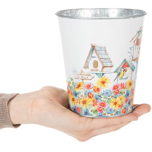 Itens Vaso de metal com motivo decorativo, floreira com casinhas de pássaros, balde de lata A13cm Ø11,5cm