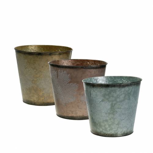 Floristik24 Vaso decorativo com folhas de zinco cinza metálico, laranja, marrom Ø17cm A14,5cm 3 unidades
