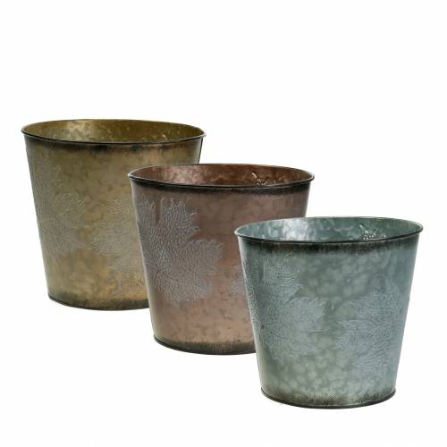 Floristik24 Vaso decorativo com folhas de zinco cinza metálico, laranja, marrom Ø18,5 cm A 15,5 cm 3 unidades