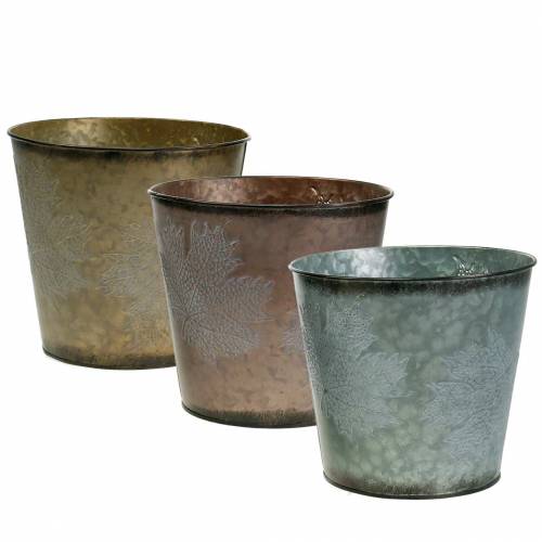 Floristik24 Vaso decorativo com folhas de zinco cinza metálico, laranja, marrom Ø26cmH22cm 3 unidades