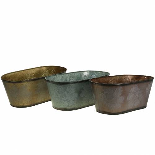 Floristik24 Vaso decorativo com folhas oval zinco cinza metálico, laranja, marrom 38 × 20cm Alt.15cm 3 unidades