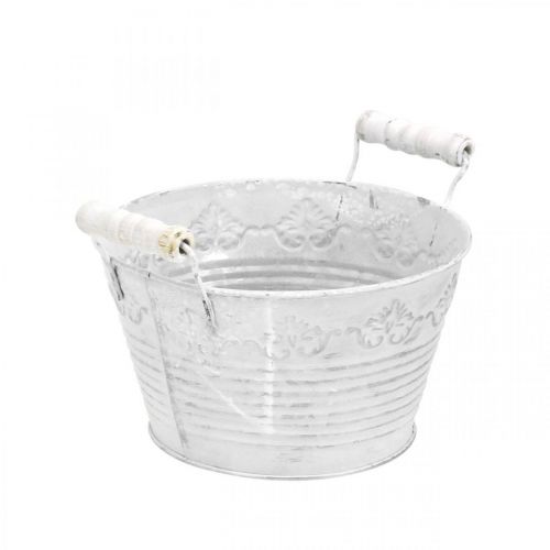 Floristik24 Tigela decorativa para plantar, vaso com cabos de madeira, decoração em metal branco, prata Ø16,5cm A12,5cm L20cm