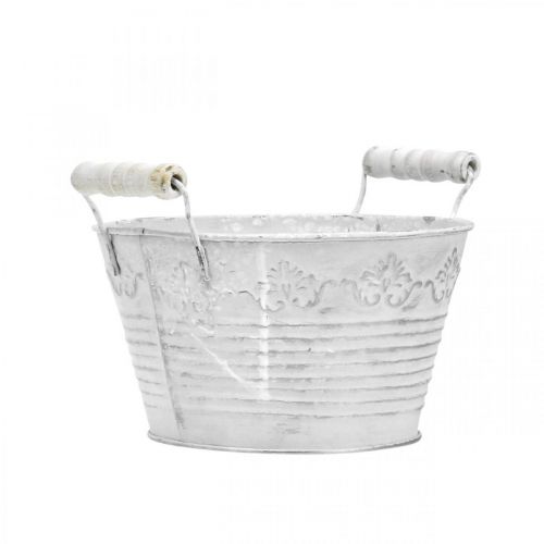Floristik24 Tigela decorativa para plantar, vaso com cabos de madeira, decoração em metal branco, prata Ø16,5cm A12,5cm L20cm
