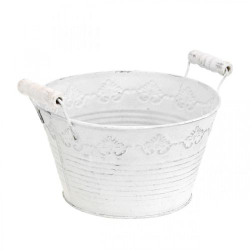 Floristik24 Floreira em relevo, tigela decorativa com cabos de madeira, pote de metal branco, prata Ø18,5cm A12cm L22cm