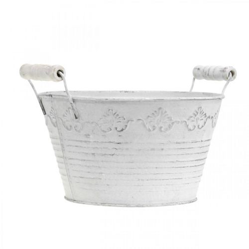 Floristik24 Floreira em relevo, tigela decorativa com cabos de madeira, pote de metal branco, prata Ø18,5cm A12cm L22cm