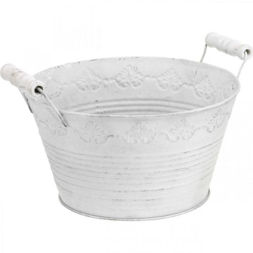 Floristik24 Vaso de metal, tigela decorativa com padrão, vaso com alças de madeira branco, prata Ø21,5cm A14,5cm L24,5cm