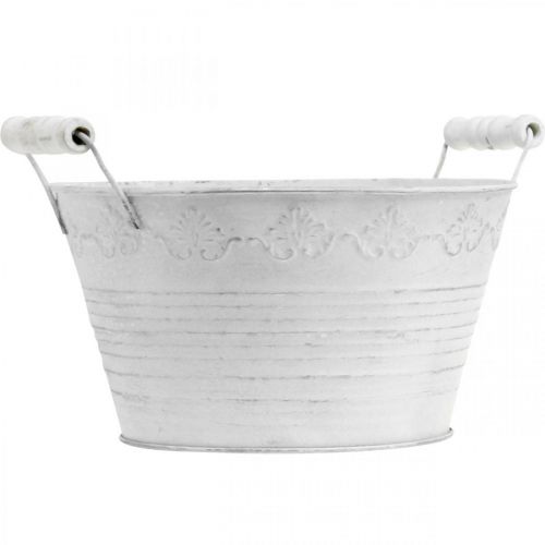 Floristik24 Vaso de metal, tigela decorativa com padrão, vaso com alças de madeira branco, prata Ø21,5cm A14,5cm L24,5cm