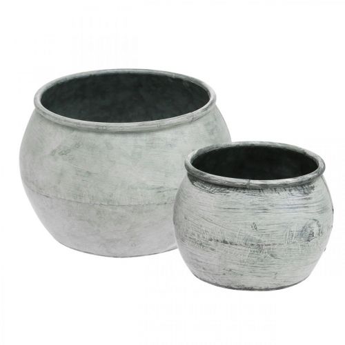 Pote redondo de metal, vaso decorativo, tigela de prata, branco lavado, aparência antiga Ø25,5 / 18cm A17 / 13cm, conjunto de 2