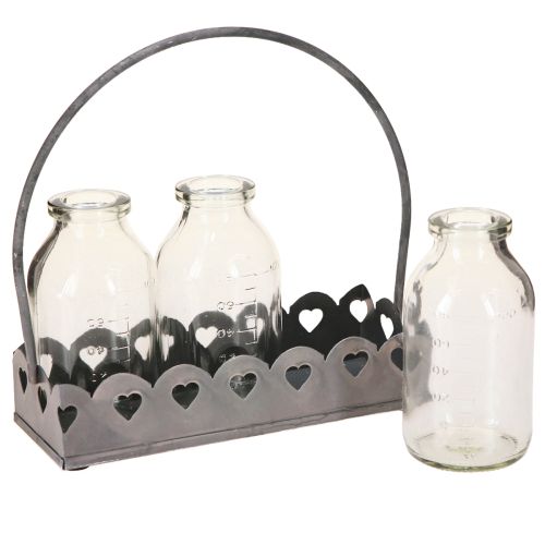 Itens Mini Garrafas Vasos Decorativos Bandeja Retangular Cinza 15,5x6cm