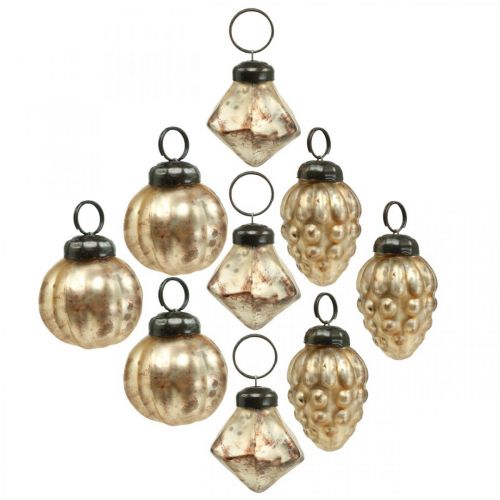 Floristik24 Mistura de mini esferas de vidro, diamante / esfera / cone, decorações em árvores, aparência antiga Ø3–3.5cm H4.5–5.5cm 9 unidades