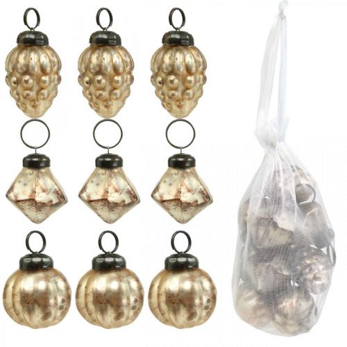 Floristik24 Mistura de mini esferas de vidro, diamante / esfera / cone, decorações em árvores, aparência antiga Ø3–3.5cm H4.5–5.5cm 9 unidades