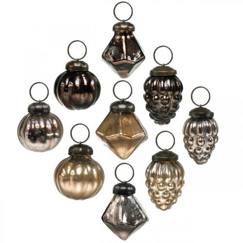 Floristik24 Mini bolas de Natal, diamante / bola / cone, pingentes de vidro combinam aparência antiga Ø3–3.5cm H4.5–5.5cm 9pcs