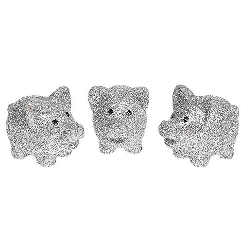 Floristik24 Mini porquinhos da sorte com mica prata 3cm 24uds