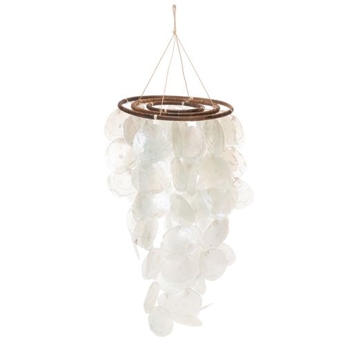 Móbile de sino de vento em madrepérola, redondo, 70 cm de comprimento, para varanda ou jardim.