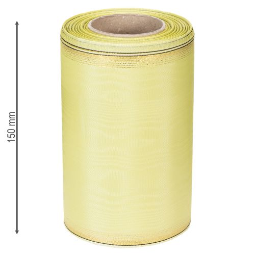 Itens Fita moiré para guirlandas, 150 mm, 25 m, verde claro com borda dourada, para arranjos florais e decoração.