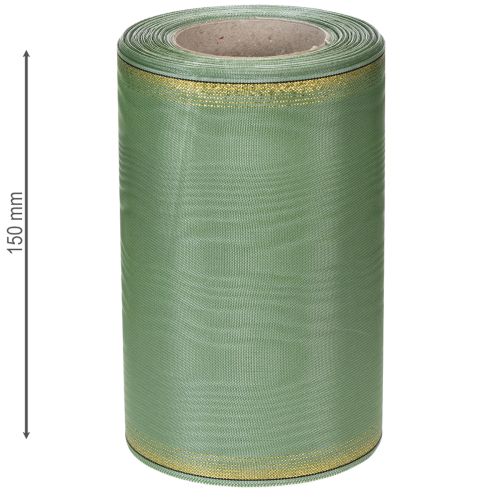 Itens Fita decorativa em moiré verde-sálvia com borda dourada, 150 mm x 25 m, ideal para arranjos florais e guirlandas.