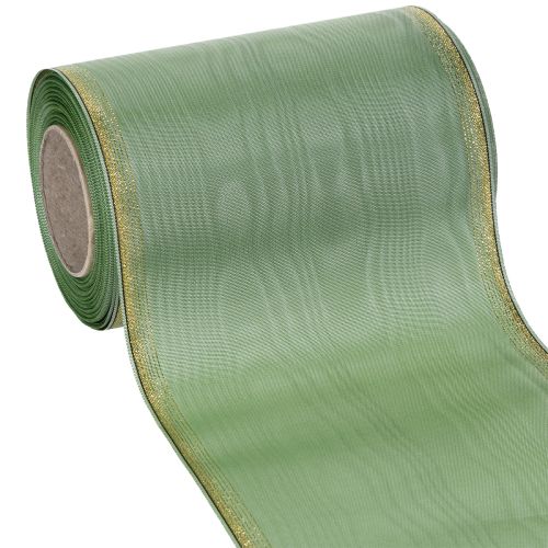Floristik24 Fita decorativa em moiré verde-sálvia com borda dourada, 150 mm x 25 m, ideal para arranjos florais e guirlandas.