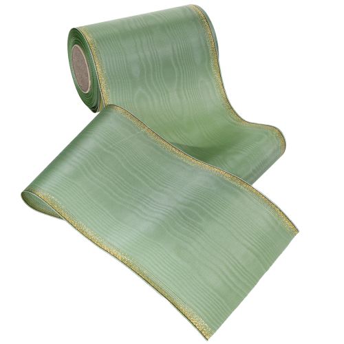 Itens Fita decorativa em moiré verde-sálvia com borda dourada, 150 mm x 25 m, ideal para arranjos florais e guirlandas.