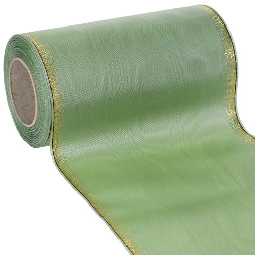 Floristik24 Fita decorativa em moiré verde-sálvia com borda dourada - 175 mm x 25 m - fita decorativa para arranjos florais e celebrações