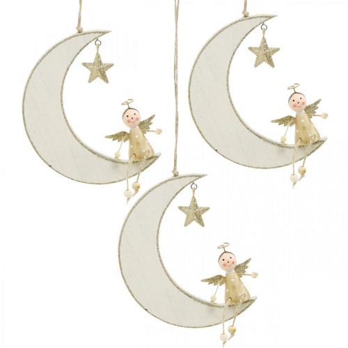 Floristik24 Decoração do Advento, anjo na lua, decoração de madeira para pendurar branco, dourado A 14,5 cm L 21,5 cm 3 unidades