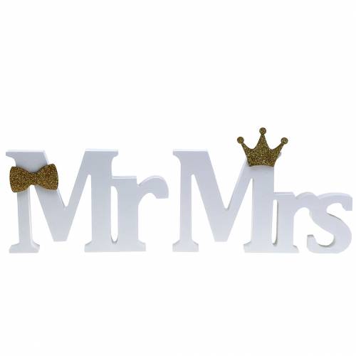 Floristik24 Letras decorativas Mr &amp; Mrs madeira branca, ouro classificado H11/13,cm conjunto de 4