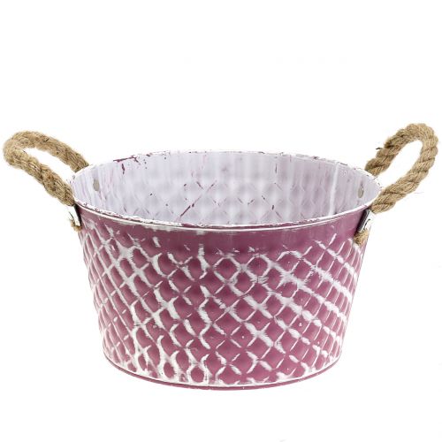 Floristik24 Losango de tigela de zinco com alças de corda violeta branco lavado Ø24,5cm Alt.14cm