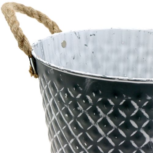 Itens Losango de pote de zinco com alças de corda cinza branco lavado Ø25cm Alt.21cm