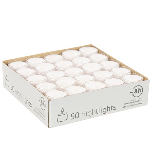 Luzes noturnas tipo tealight brancas em bandeja de plástico, 8 horas de duração, 50 unidades. | Floristik24.pt
