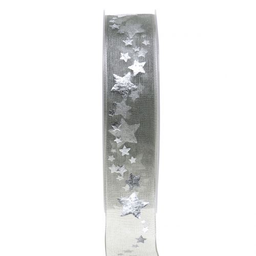Floristik24 Fita deco organza com motivo estrela cinza 25mm 20m