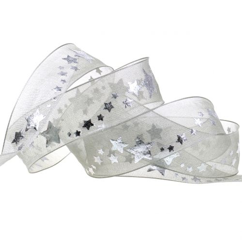 Floristik24 Fita deco organza com motivo estrela cinza 25mm 20m
