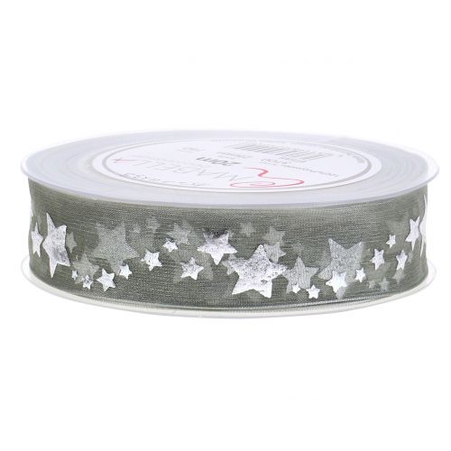 Floristik24 Fita deco organza com motivo estrela cinza 25mm 20m