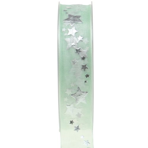 Floristik24 Fita decorativa de organza com motivo estrela verde claro 25mm 20m