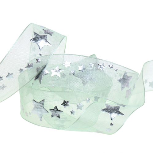 Floristik24 Fita decorativa de organza com motivo estrela verde claro 25mm 20m