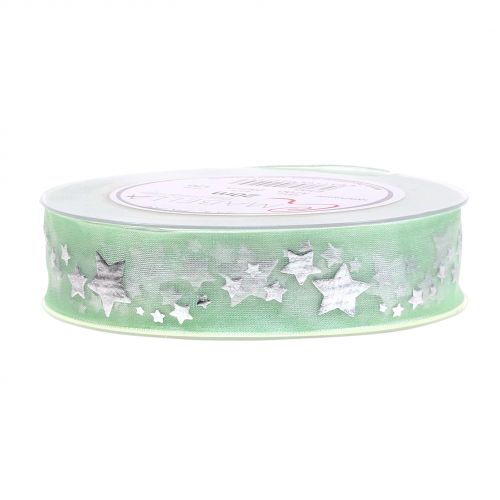 Floristik24 Fita decorativa de organza com motivo estrela verde claro 25mm 20m