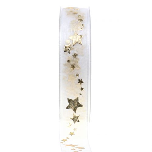 Floristik24 Fita decorativa de organza com motivo de estrelas branco 25mm 20m