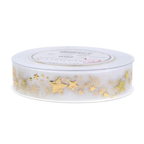 Floristik24 Fita decorativa de organza com motivo de estrelas branco 25mm 20m