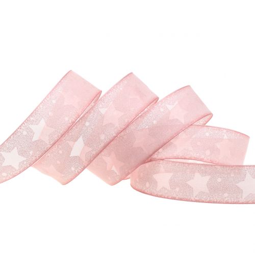 Floristik24 Fita de organza com motivo estrela rosa 25mm 15m