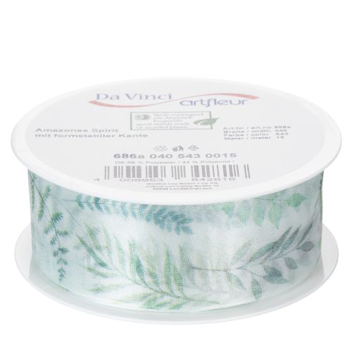 Itens Fita de organza, fita de chiffon, ramos com folhas, verde, 40 mm, 15 m