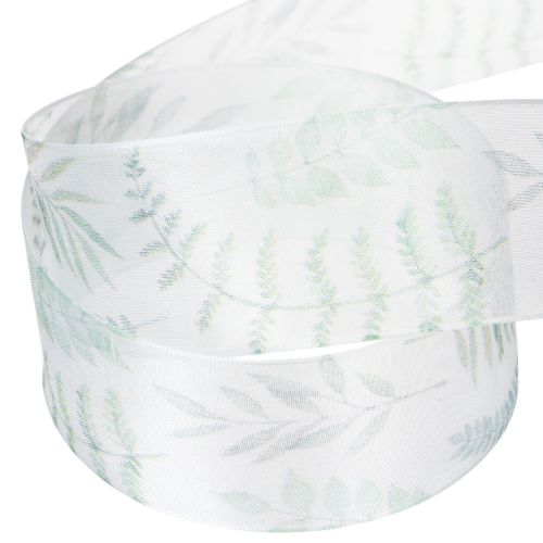 Itens Fita de organza, fita de chiffon, ramos com folhas, verde, 40 mm, 15 m