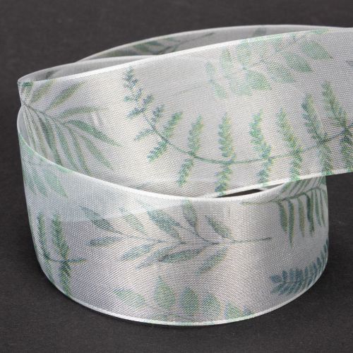 Itens Fita de organza, fita de chiffon, ramos com folhas, verde, 40 mm, 15 m