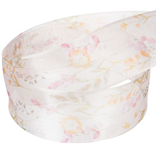 Itens Fita de organza, fita de chiffon, floral, laranja/rosa, 40mm, 15m