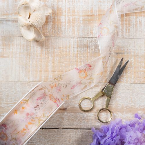 Itens Fita de organza, fita de chiffon, floral, laranja/rosa, 40mm, 15m