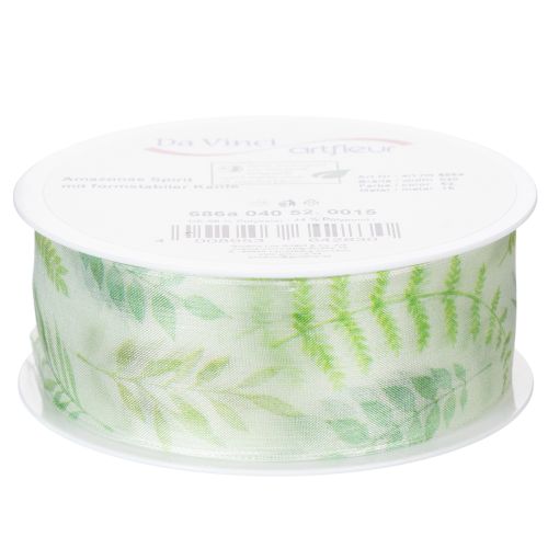 Itens Fita de organza, fita de chiffon, verde com gavinhas de folhas, 40 mm de largura, 15 m de comprimento.
