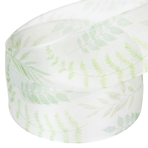 Itens Fita de organza, fita de chiffon, verde com gavinhas de folhas, 40 mm de largura, 15 m de comprimento.