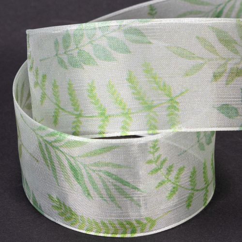 Itens Fita de organza, fita de chiffon, verde com gavinhas de folhas, 40 mm de largura, 15 m de comprimento.