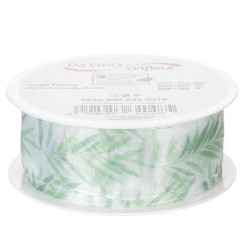 Itens Fita de organza, fita de chiffon, fita com estampa de plantas verdes, 40 mm x 15 m