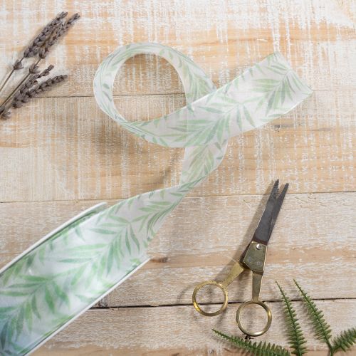 Itens Fita de organza, fita de chiffon, fita com estampa de plantas verdes, 40 mm x 15 m